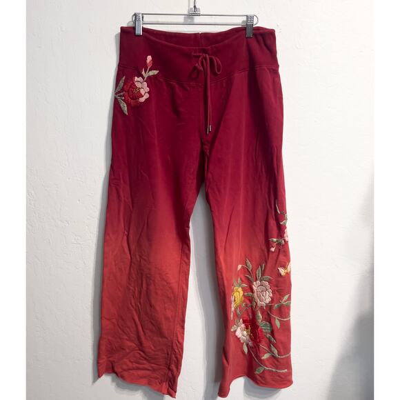 Vintage Lucky Y2K Pants Medium Wide Leg Embroidered Ombre Red Butterfly Flowers